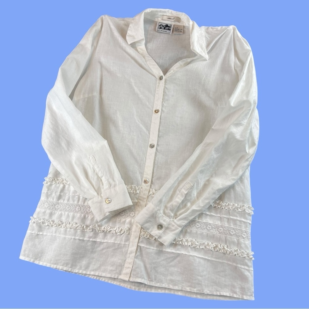 Edward Irish Linen Women’s Long Sleeve Button Down Embroidered White Top Size S